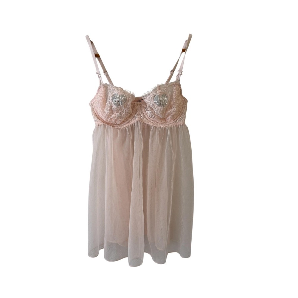 Victorias Secret Dream Angels Babydoll Nightgown M Pink Heart Lace Sheer NWT